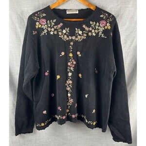 Vtg Carolyn Taylor Sweater Women's XL Black Floral Embroidered Crochet Trim